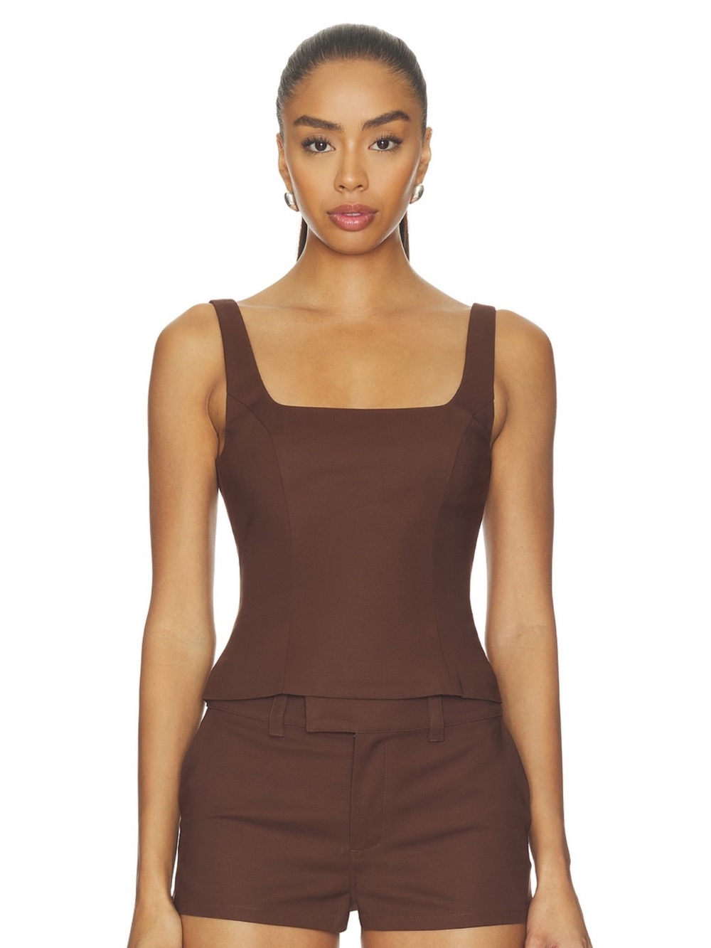 Brown Square-Neck Tailored Top